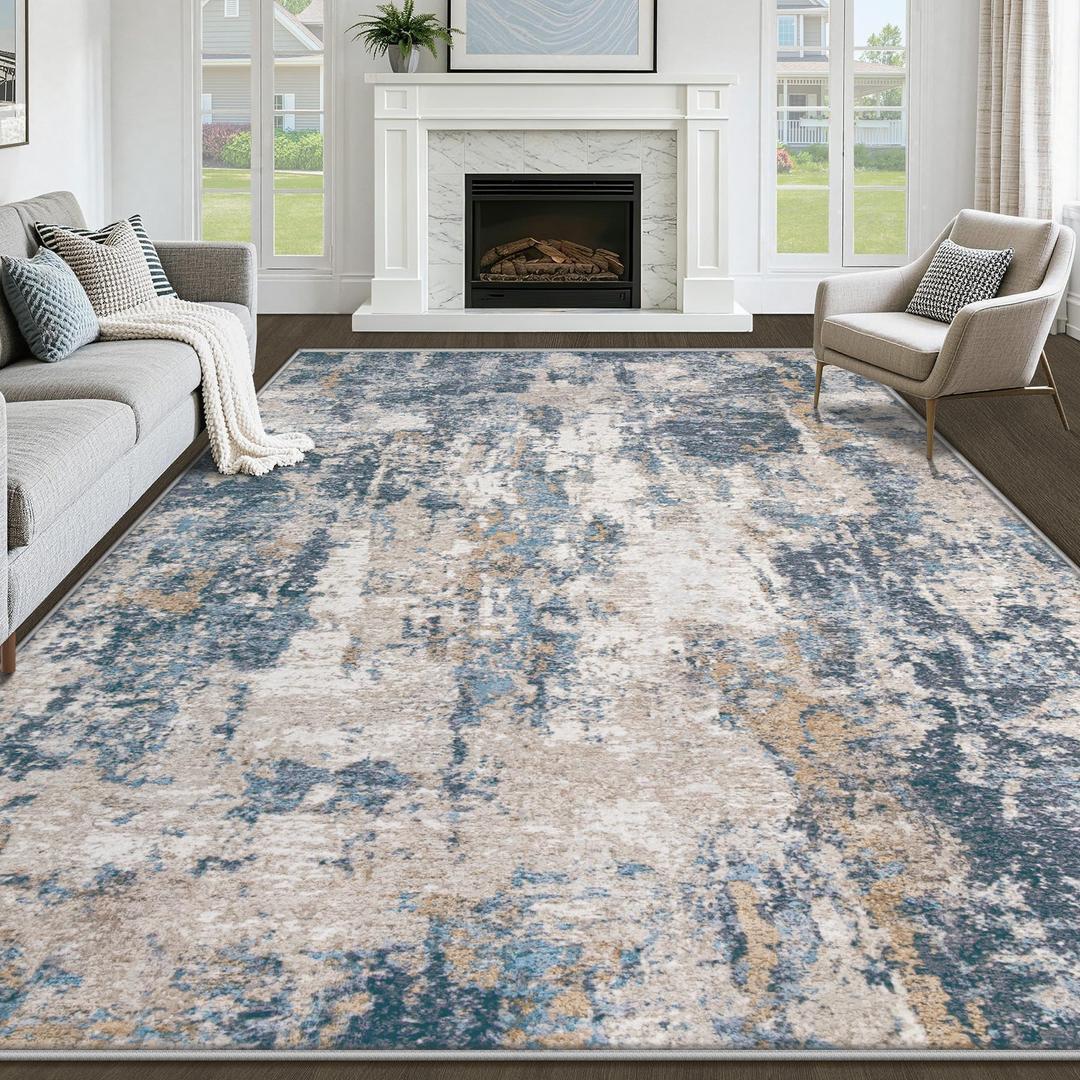 8x10 Area Rugs for Living Room: Washable Abstract Rug Modern Neutral Soft Large Indoor Rugs Non Slip Low Pile Carpet for Bedroom Dining Room Office Children's Room(Blue Brown, 8'x10')wrong size, approximately 9 x 6 ft