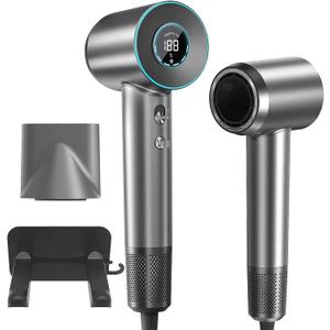Hair Dryer, Negative Ionic Blow Dryer with 110,000 RPM Brushless Motor for Fast Drying, Professional High-Speed Hairdryer, Low Noise with LED Light Temp Display for Home, Travel,Salon (Dark Grey)