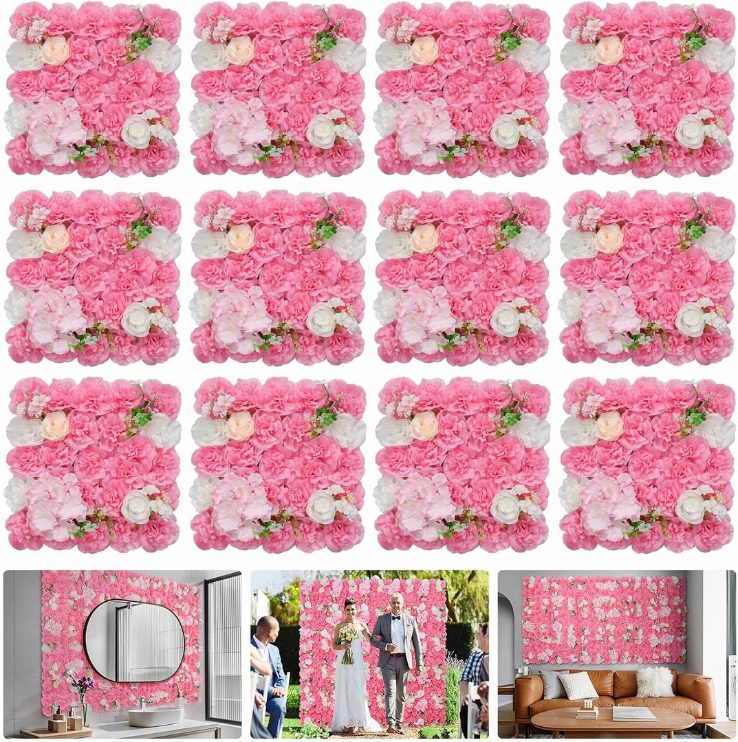 Flower Wall Backdrop 12pcs 16.5x16.5 Inch Artificial Floral Wall Panel 3D Silk Rose Wall Decor Ideal for Wedding Celebrations, Festive Party Backdrops, and Home Decor-Rose Pink