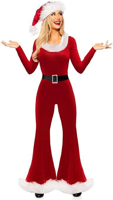 Women Christmas Santa Costume Long Sleeve Flared Jumpsuit with Santa Hat Set Velvet Mrs. Claus Cosplay Outfits, (Red, L)