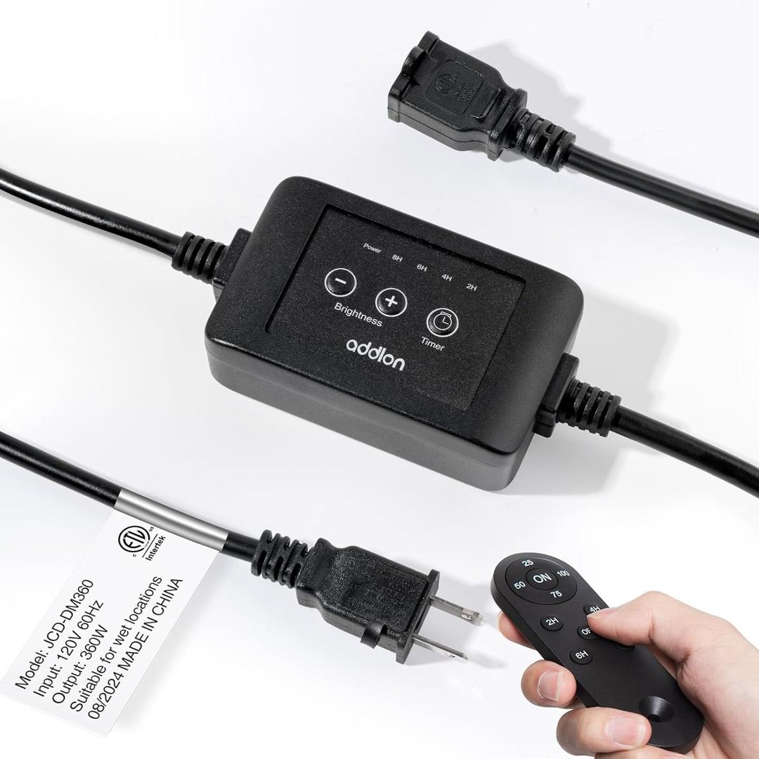 addlon Dimmer for Outdoor String Lights, 300W, Timing 2h/4h/6h/8h, 4 Brightness Level, Remote Control, Control LED String Lights, Convenient Life Style Dimmer Switch