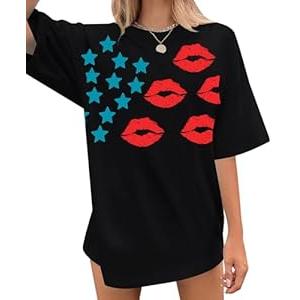 QLIPIN 4th of July Shirts USA Shirts Women American Flag T-Shirt Oversized Patriotic Stars Lips Graphic Tee (Medium, Blue)