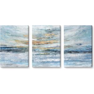 Abstract Canvas Wall Art for Bedroom 3 Piece Ocean Painting Coastal Theme Artwork Blue and Yellow Sunset & Sunrise on the Beach Seascape Picture for Bathroom Living Room Light 12x16inchx3 panel (Blue Abstract Wall Art)