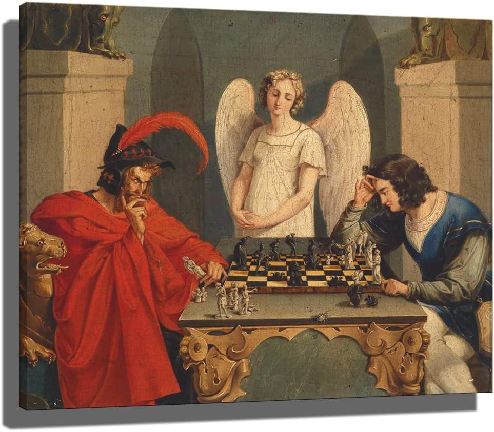 Faust And Mephistopheles Playing Chess Print Poster Vintage Painting Canvas Prints Wall Art Painting Posters and Prints Wall Decor Cuadros Home (Unframed,24x32inch) (32L" x 24W")