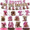 Boots on The Ground Decorations - 13 Pcs Pre-strung Banner Hanging Swirls Honeycomb Table Centerpieces Decor Set Western Cowgirl Birthday Baby Shower Party Supplies for Women Girls
