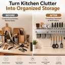 Kitchen Utensil Rack Wall Mount 24 Inch, Kitchen Utensil Hanger & Utensil Rail with 10 Hooks, 3 Storage Cups and Knife Holder, Kitchen Utensil Hanging Rack, No Drill Adhesive or Screw Installation