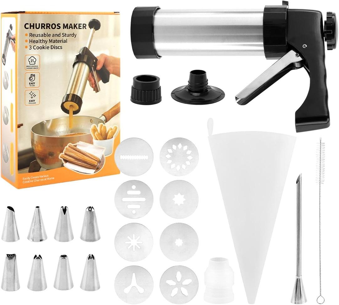 Stainless Steel Churro Maker Machine with 8 Discs Nozzles and 8 Piping Tips Cleaning Brush & Filling Piping Bag,maquina Para Hacer Churro cookie press