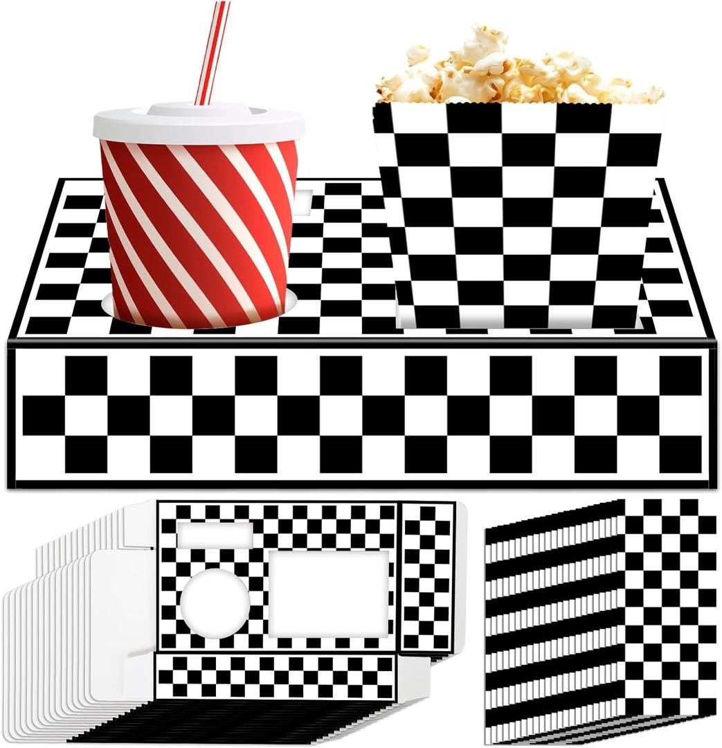 48Pcs Movie Night Supplies 24 Movie Theater Snack Trays with 24 Popcorn Bags Black White Checkered Snack Boxes Race Car Party Paper Food Trays Car Food Boats for Family Birthday Racing Party