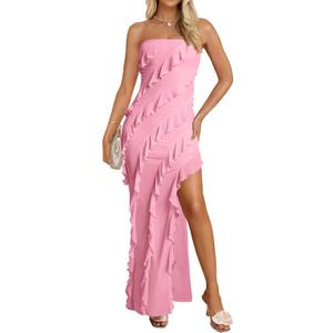 ZESICA Women's 2026 Strapless Cocktail Party Bodycon Dress Off Shoulder Mesh Tassel Ruffle Side Split Maxi Long Dresses (Pink, M)