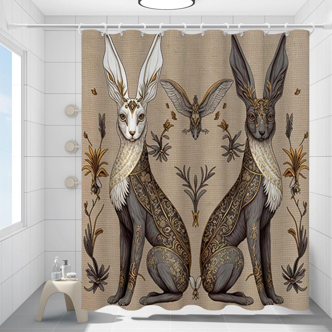 Two Rabbits Folk Art Shower Curtain Nature Illustration Witchy Dark Moody Colours Rustic Farmhouse Curtain Quick-Dry Fabric Shower Curtain for Bathroom Toilet with 12 Hooks 72"x72" (72"W x 72"L (Pack of 1), Vintage Animal Shower Curtain 17)