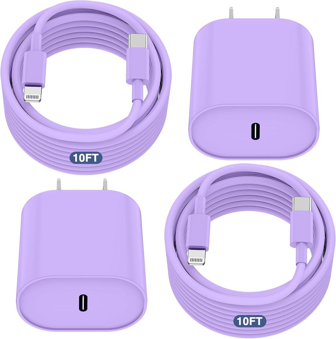 Essri Phone Charger Fast Charging 10 FT, 2-Pack 20W PD USB C Block with iPhone 14 13 Charger Cable 10 Foot, Compatible with iPhone 14 Pro 13 Pro Max 12 11 Pro Mini,Purple