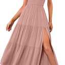 MEROKEETY Women's Summer One Shoulder Sleeveless Knot Smocked Midi Dress Split Tiered Flowy Dresses (Medium, Pink)