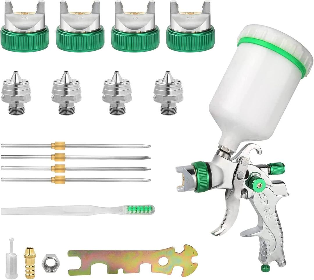 Hvlp Spray Gun, Air Spray Gun Paint Sprayer Gun with 1.4/1.7/2.0/2.5mm Nozzles, 600ml Capacity Great for Walls, Automotive, Home Improvement (Green)