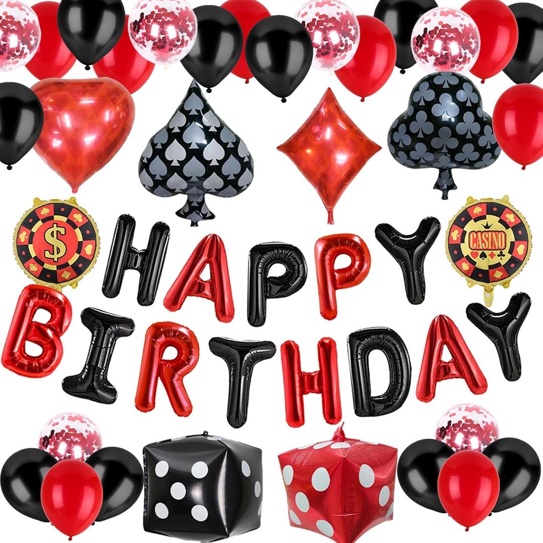 Casino Theme Party Decorations Las Vegas Poker Night Birthday Decorations Set, Aluminium Foil Happy Birthday Banner, Dice, Chips, Poker Signs, Latex Balloons