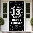 Official Teenager 13th Birthday Decorations for Boys Girls - Fabric 13 Year Old Birthday Backdrop Banner, Yard Sign, Photo Props, Door Decor - Black White Birthday Party Supplies