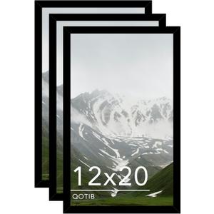 12x20 Picture Frame Black for Wall Mounting Set of 3, Horizontal and Vertical Formats for Wall Hanging, Wood 12x20 Frame, Black, 3 Pack