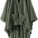 Wearable Blanket Poncho Cape Wrap for Adult, Cozy Sherpa Fleece Pocketed Shawl TV Throw Blankets for Office and Lounge(Green,58'' x 64'')