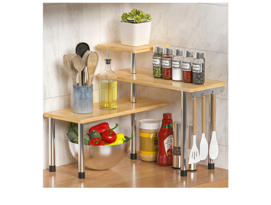 ZHWS Kitchen Countertop Organizer Spice Rack for Salt, Bathroom Counter Organizer Over Sink for Makeup, Skincare, Adjustable 3-Tier Corner Counter Shelf with 4 Hooks for Coffee Bar Dresser Table
