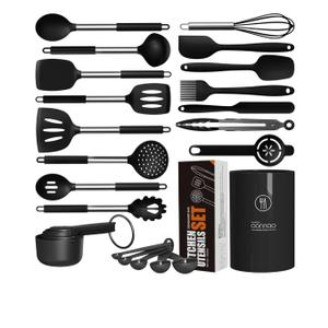 oannao Large Silicone Cooking Utensils Set - Heat Resistant Kitchen Utensils Sets, Spatula, Spoon, Turner Tongs, Whisk, Stainless Steel Cooking Utensil for Nonstick Cookware Dishwasher Safe (Black)