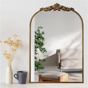 Ornate Baroque Vintage Gold Mirror - 24"X36" Arched Antique Brass Mirror with Full Metal Frame - Perfect for Entryway, Fireplace, Living Room, Hallway, or Bathroom Dcor