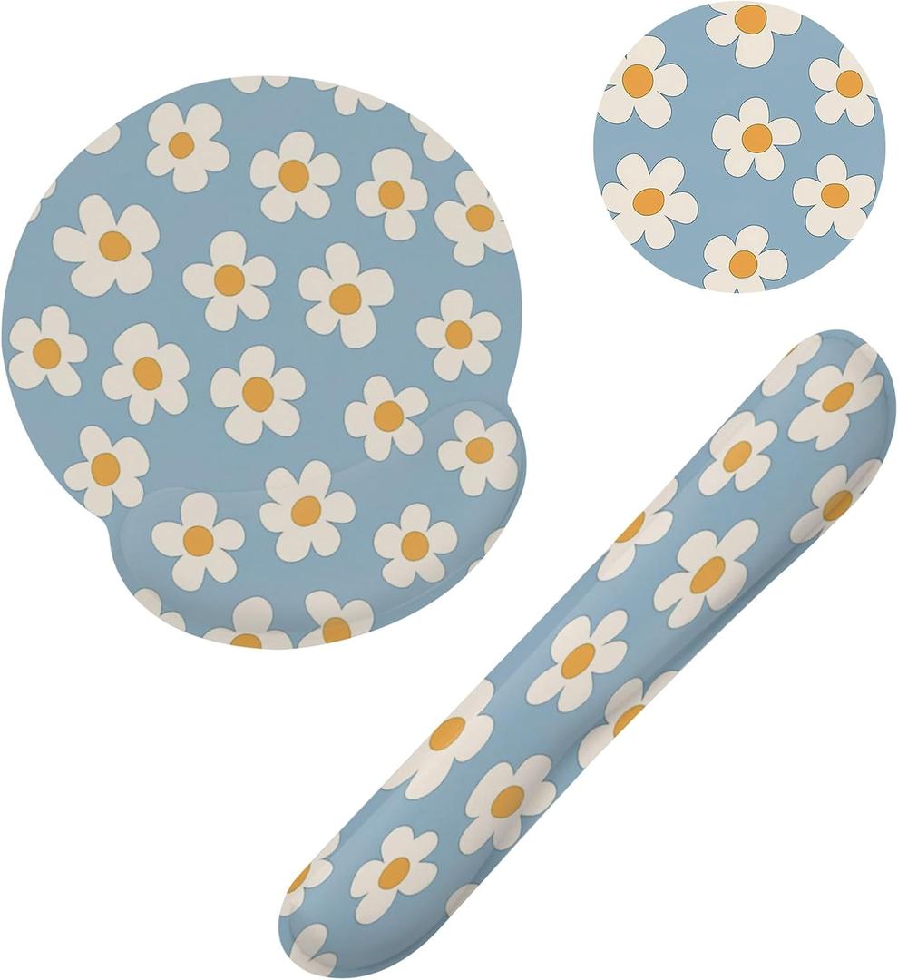 Abstract Groovy Blue White Flower Keyboard Wrist Rest Pad and Mouse Pad Wrist Support Set,3-in-1 Ergonomic Mouse Pad with Non-Slip Rubber Base for Home Office Game Computers Desk,
