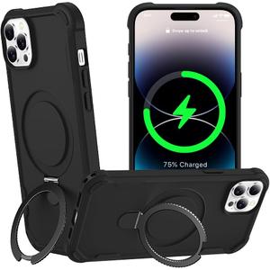 Designed for iPhone 14 Pro Case with Magnetic Stand [Military Drop Protection][Compatible with Magnet] Shockproof 14 Pro Phone Case with Ring Holder, Black