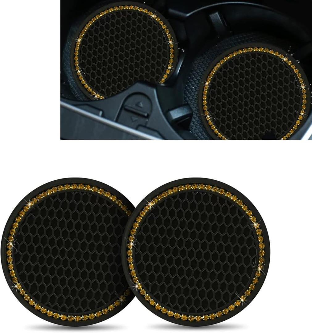 3 x 2 PCS Bling Car Cup Coaster, 2.75" Crystal Rhinestone Non-Slip Insert Coaster Pad, Silicone Insulation Drink Mat Compatible with Most Cars and Trucks (Black & Yellow)
