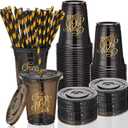 150 Pcs 60th Birthday Cups 12 oz Cheers to 60 Years Disposable Plastic Cups Black Gold Cold Beverage Drinking Tumblers Bulk for Men Women Birthday Wedding Anniversary Party Decorations Favors