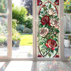 Decorative Rose Stained Glass Window Film, Rose Stained Glass Window Film for Bathroom Shower Door Heat Anti UV