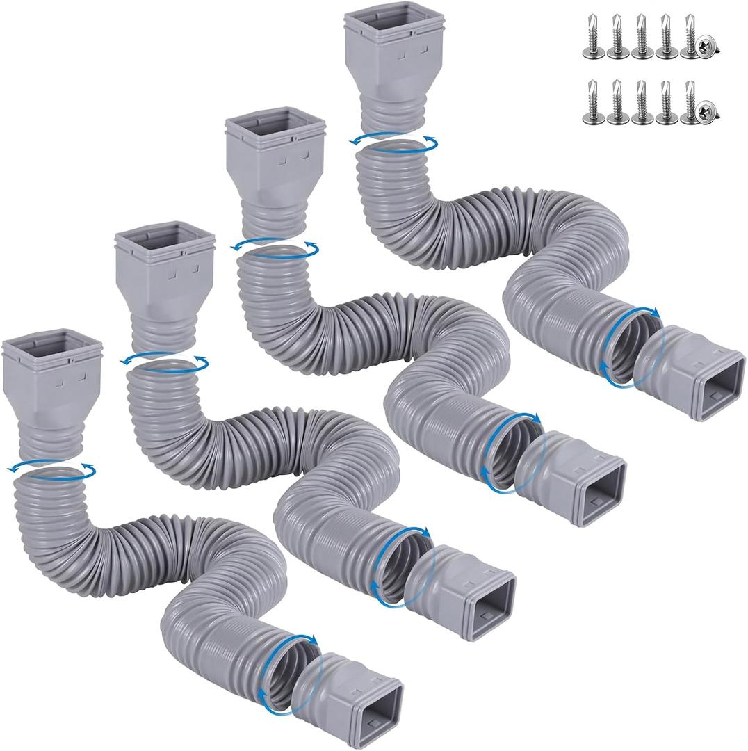 plusgutter Rain Gutter Downspout Extensions Flexible, Drain Downspout Extender,Down Spout Drain Extender, Gutter Connector Rainwater Drainage,Extendable from 21 to 68 Inches (4Pack, Gray)