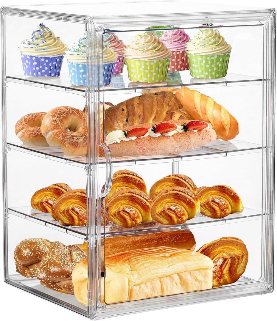 Bread Box for Kitchen Countertop Pastry Display Case 4 Layers Adjustable Clear Bread Storage Container with Magnetic Door Bread Box Bakery Display Case Bread Holder (clear-1 Pack)