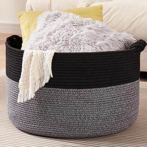Large Blanket Storage Basket for Living Room, 22.8" x 22.8" x 13" Woven Cotton Rope Basket with Handles, Baby Toy Storage, Laundry Hamper for Clothes, Pillows, Towels-Black and Grey (90L)