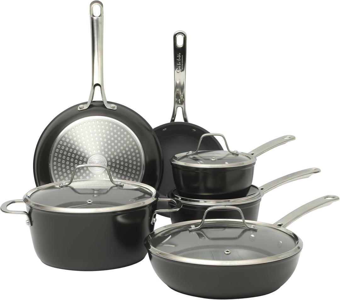 Sur La Table Kitchen Essentials Cool Commune Hard Anodized 10 Piece PFA Free Ceramic Non stick Interior Forged Durable Aluminum Pots and Pans Cookware Set - Black - Induction Compatible
