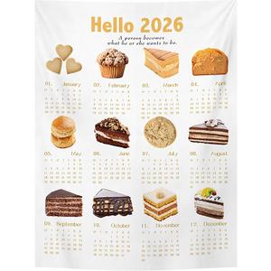2026 Dessert Calendar Tapestry, 70x100cm Sweet Food Wall Hanging, Aesthetic Home Decor with Hook & 2 Pcs 3M Adhesive Dots for Bedroom Kitchen (Dessert)