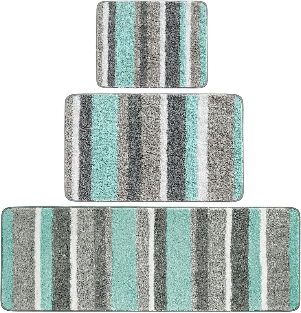mDesign Soft Microfiber Polyester Spa Rugs for Bathroom Vanity, Tub/Shower - Water Absorbent, Machine Washable - Plush Non-Slip Rectangular Accent Rug Mat -Striped Design, Set of 3 Sizes - Mint/Gray