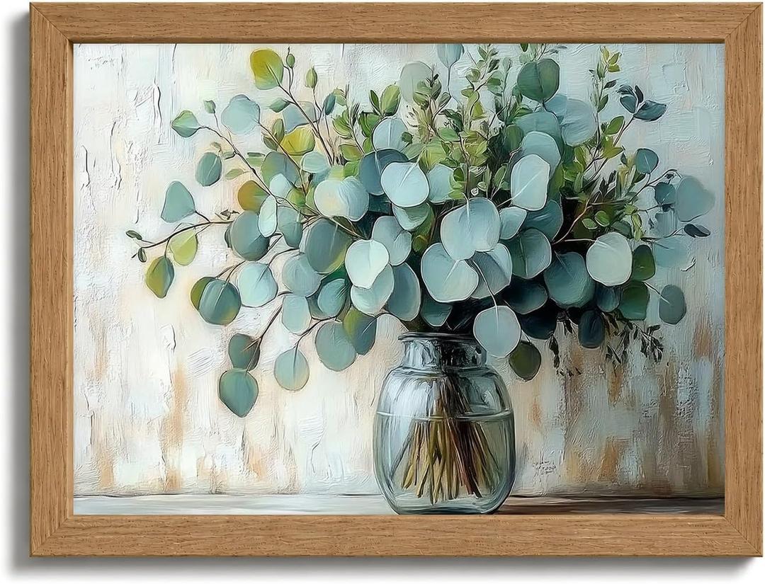Wood Framed Rustic Eucalyptus Wall Art Sage Green in Glass Plants Vase Canvas Painting Picture Wall Decor Farmhouse Neutral Poster Print Artwork for Living Room, Bedroom, Bathroom Home Decoration, 24"L x 16"W