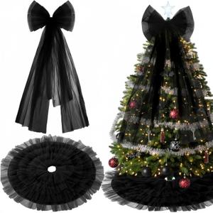2 Pcs Black Christmas Tree Decoration Giant Black Bow Christmas Tree Topper 47 x 24 Inch Fabric Extra Large Bow Decor Artificial Xmas Skirt for Home Winter Holiday Party Wedding Ornament