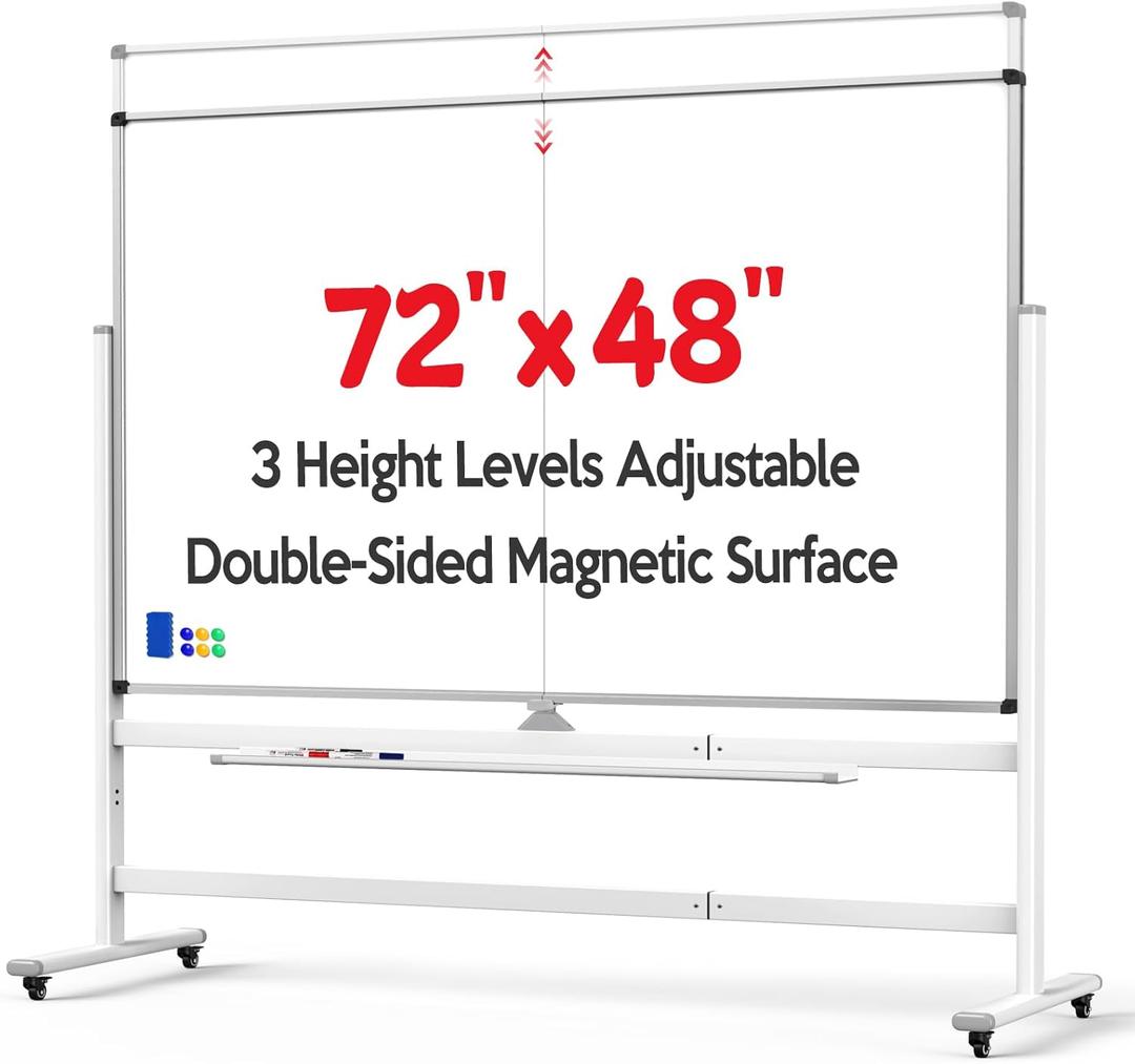 Large 72 x 48 Inch Magnetic Rolling Whiteboard, Double-Sided Dry Erase Board with Stand and Wheels, Mobile White Board for Home, Office, School (White)