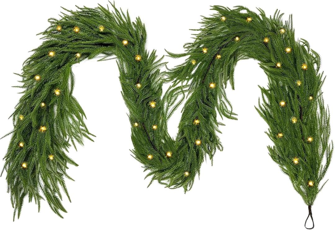 6.6 FT Norfolk Pine Garlands with Light,Artificial Realistic Cedar Garland,Greenery Garland for Mantle,Table,Wall, Indoor, Outdoor Christmas Decorations
