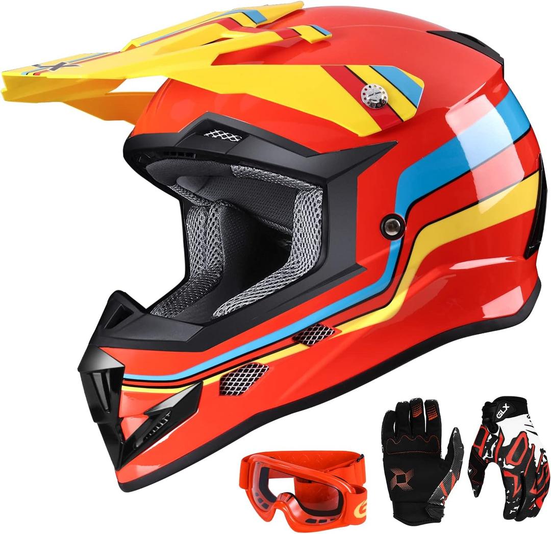GLX GX623 Youth ATV/Dirt Bike Helmet Combo - Retro Red, Large - DOT
