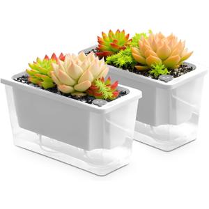 Window Box Planter, 2 Pack 10 Inch Plastic Self Watering Pots for Indoor Plants, Rectangular Flower Pots with Reservoir for Outdoor Indoor Plants Garden Home Decor - White