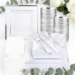 Festiva 350Pcs Silver Plates - Silver Square Plastic Plates 9 .5" and 6" - serve for 50 guests include 50 Cups 50Plastic Cutlery 50Hand Napkins Perfect for Party&Wedding&Birthday