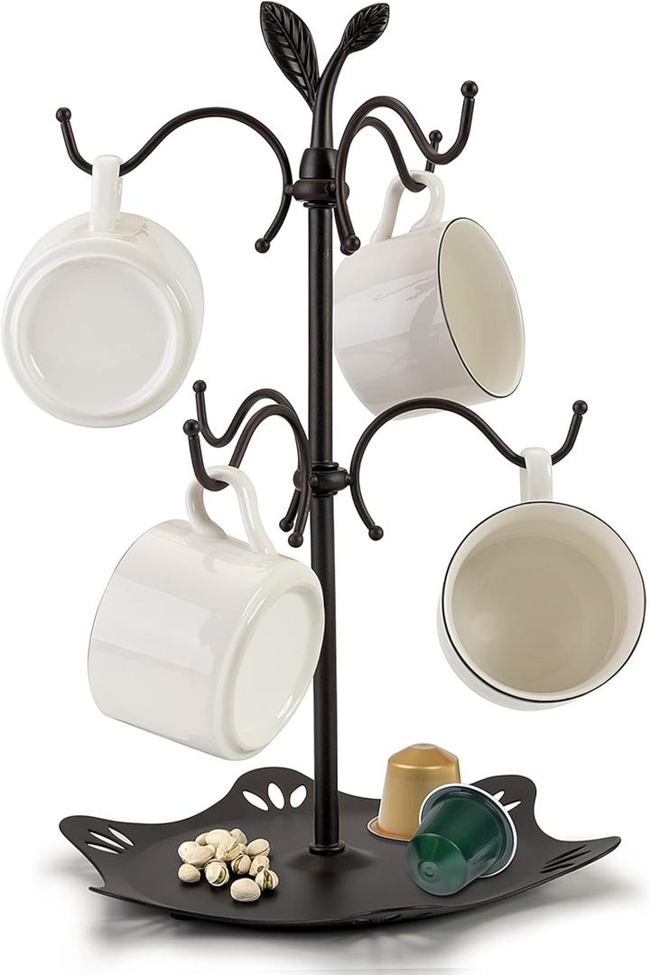 Coffee Mug Holder for Large Mugs, Mug Tree for Counter, Cup Holder for Countertop, Mug Rack with Tray, Metal Mug Tree with 6 Hooks, Coffee Counter Bar Accessory & Kitchen Home Organizer (Black)