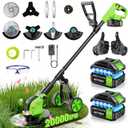 800W Brushless Cordless Weed Wacker with Wheels, Up to 20,000 RPM, 12" 4-in-1 String Trimmer, Weed Eater, Lawn Edger, Mini Mower & Brush Cutter, Foldable, 221V 4.0Ah Batteries, Up to 120 Min Runtime
