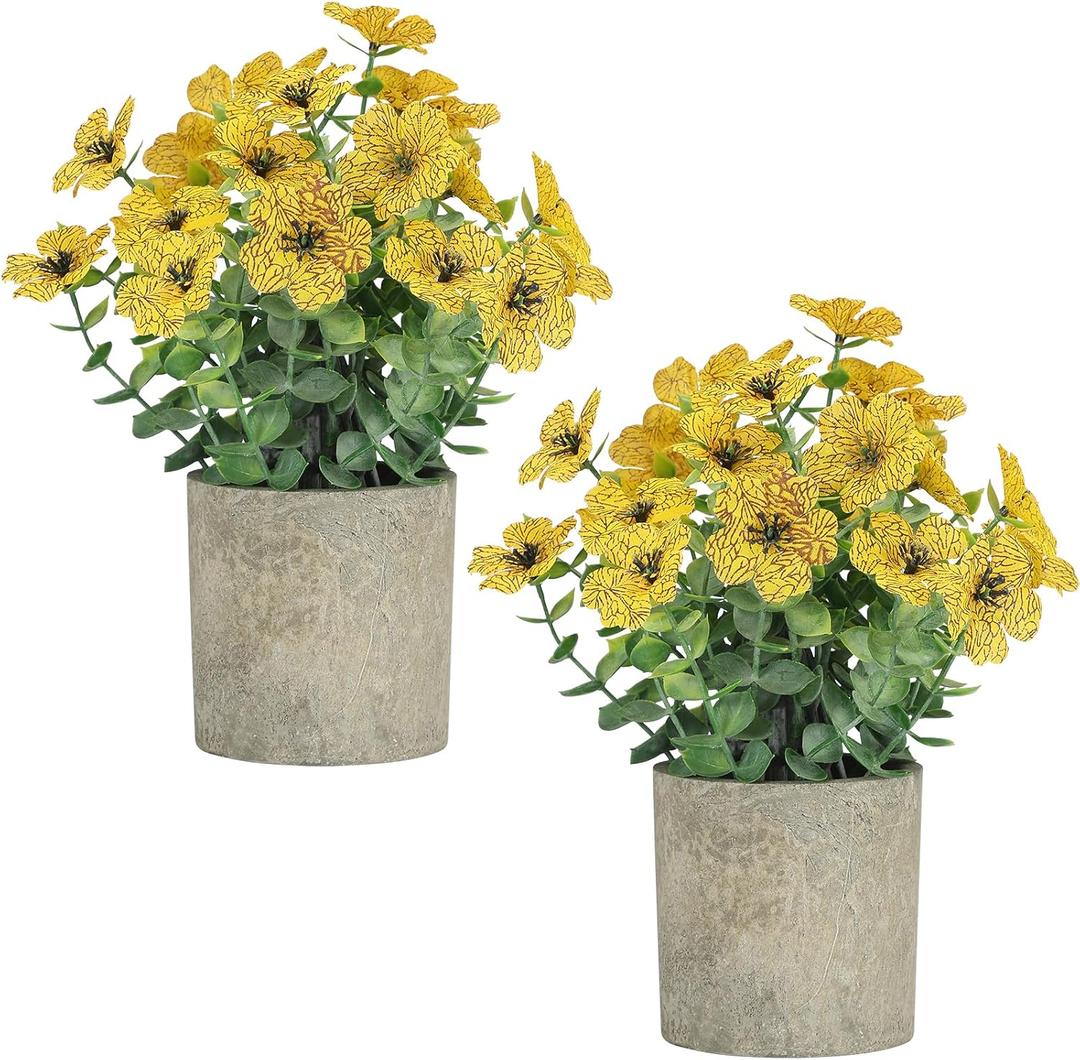 2 Pack Small Fake Plants Potted Artificial Plants Artificial Flowers Potted Faux Flower Daisy with Eucalyptus Leaves for Home Decor Office Room Farmhouse Indoor Table Bathroom DecorYellow