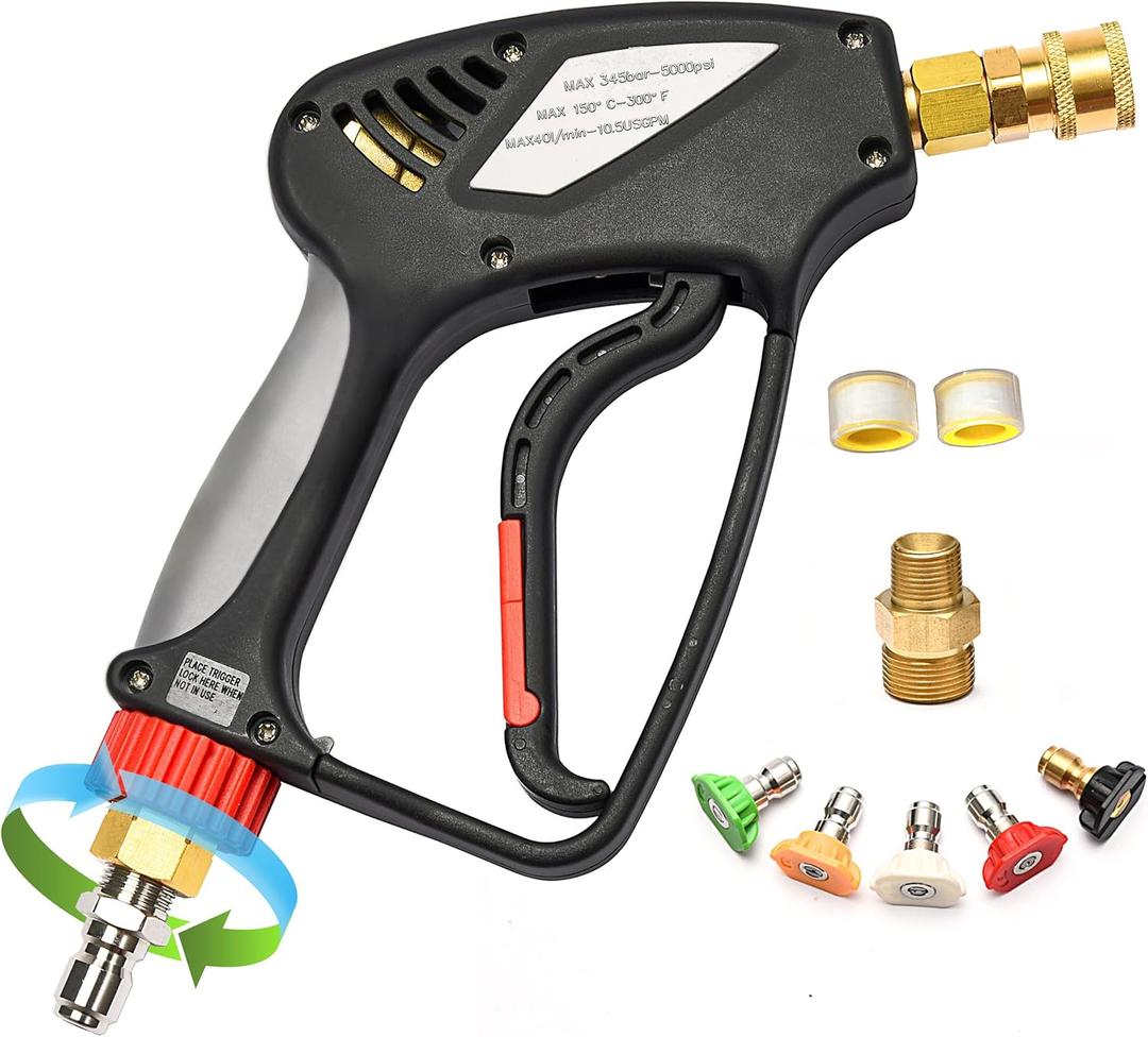 Short Pressure Washer Gun with 360 Swivel - 5000 PSI / 10.5 GPM High Pressure Water Handle with 3/8" Male Plug and 1/4" Quick Connector Coupler - Ideal Power Car Wash Foam Gun (brass)
