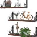 Lavezee Vintage Floating Shelves Set with Metal Vine Leaf Plants Shape for Wall Decor, Black and Rustic Wooden Decorative Wall Shelf for Living Room, Bedroom, Bathroom, 3 Packs