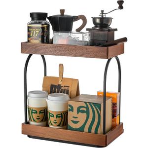 2-Tier Coffee Station Organizer for Countertop, Acacia Wooden Coffee Bar Organizer Countertop Storage for Bathroom, Kitchen, Holiday Decorations
