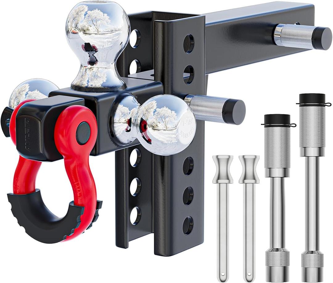 Trailer Hitch Tri-Ball Mount with Anti-Theft Locking Hitch Pin&Hook&Rotatable Tow Shackle,Fits 2-in Receiver with 1-7/8-in,2-in,2-5/16-in Hitch Ball Adjustable with Shackle