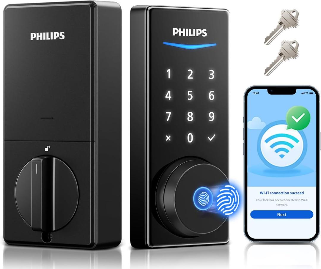Philips Built-in WiFi Smart Lock, Keyless Entry Door Lock with App, Touchscreen, Fingerprint Door Lock  Compatible with Alexa & Google, Splash-Proof Design, Includes 8 Batteries, Black